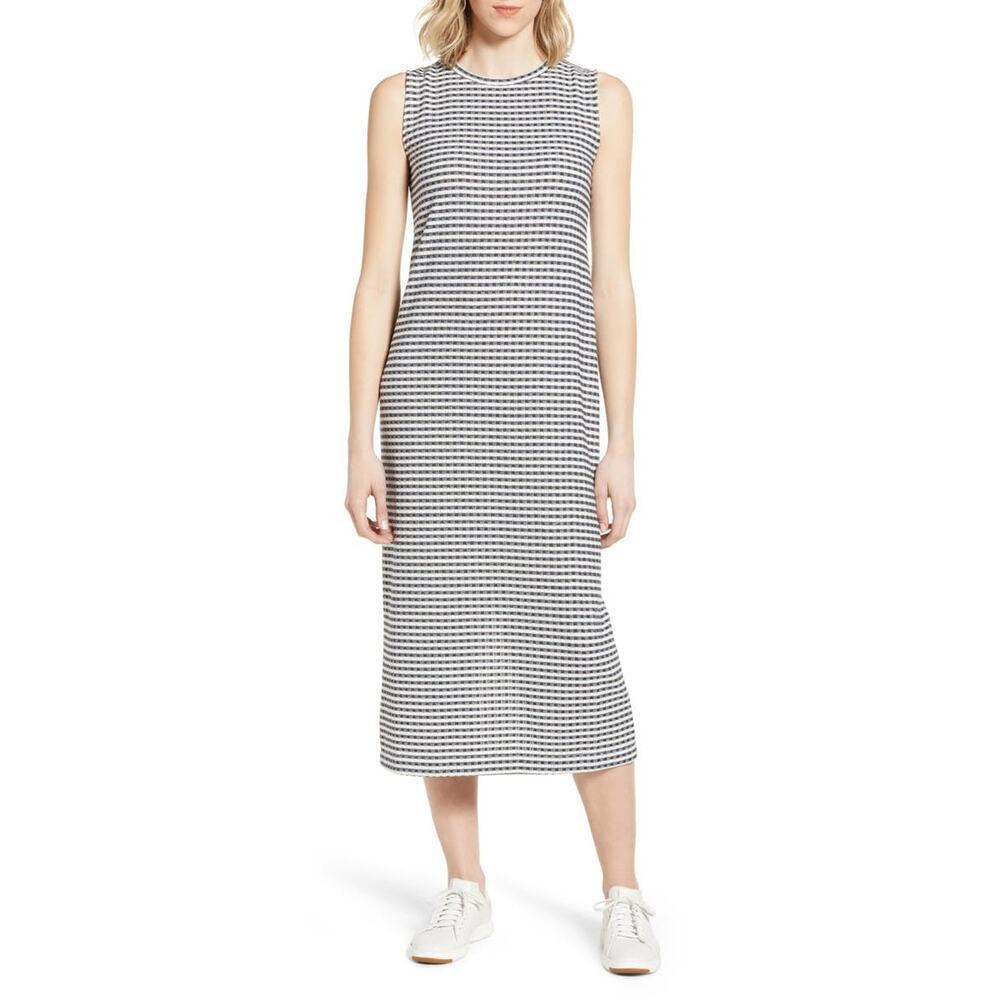 Lou & Grey Midi Dress XL Gingham Sleeveless Cotton Blend Navy Blue White